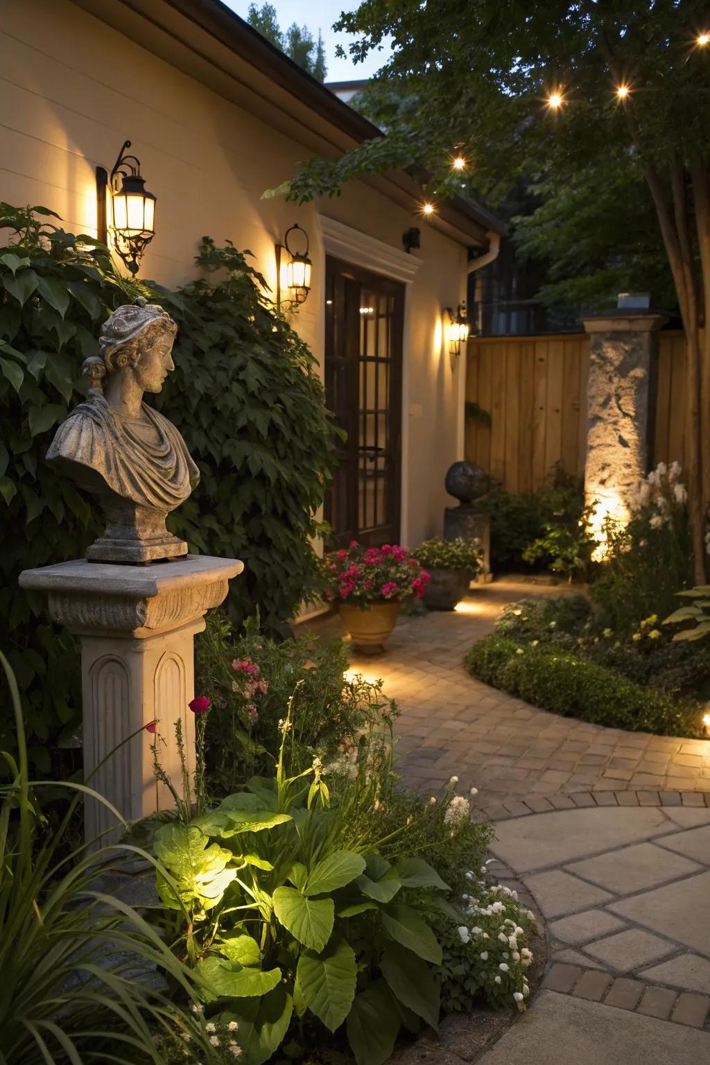 Accent lighting adds depth and highlights beautiful garden features.