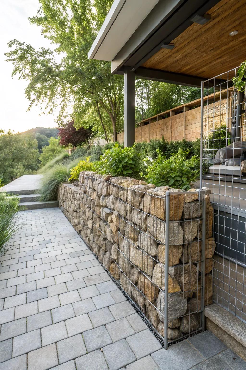 Add texture with stone or gabion walls.