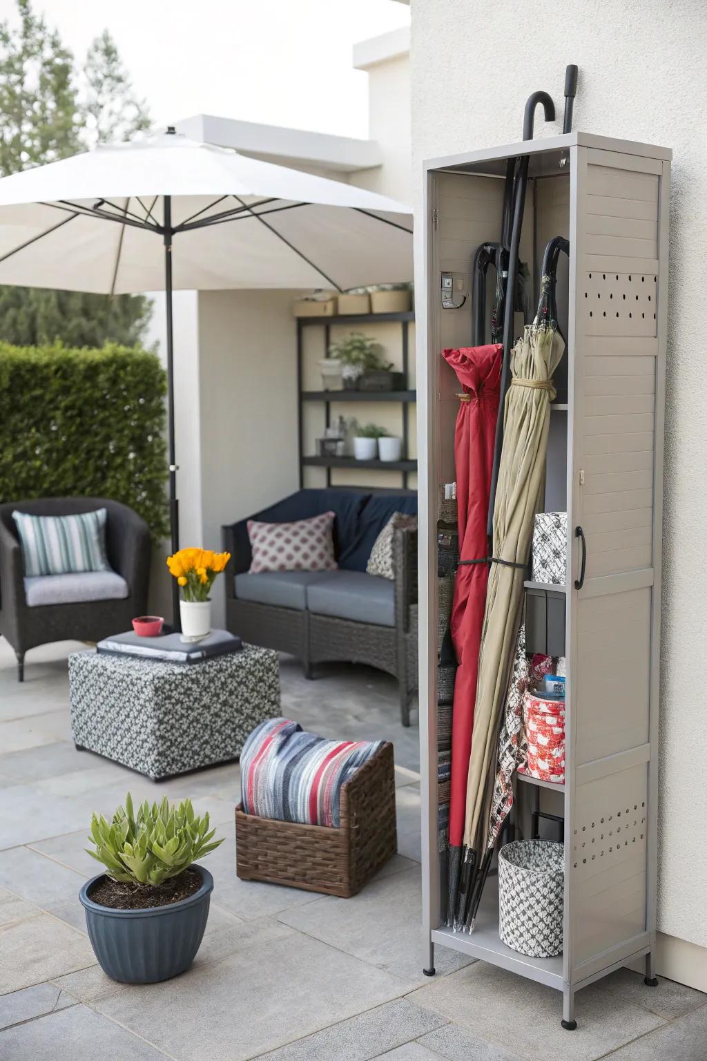 Space-saving vertical storage unit for patio essentials.