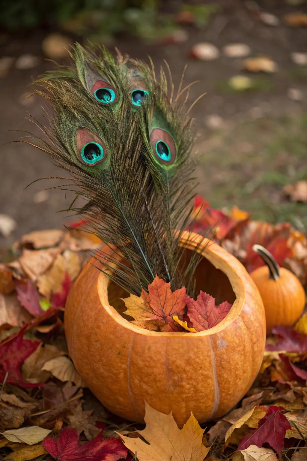 Seasonal charm with a pumpkin peacock feather arrangement.