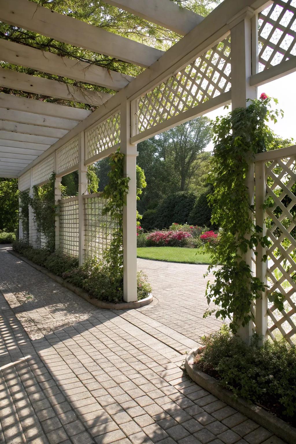 Lattice panels offer privacy while enhancing the pergola's design.