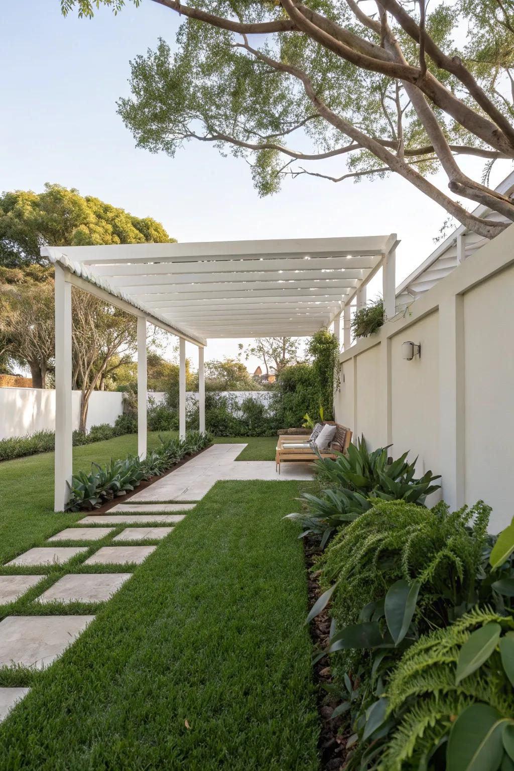 A minimalist pergola creates a zen-like atmosphere.