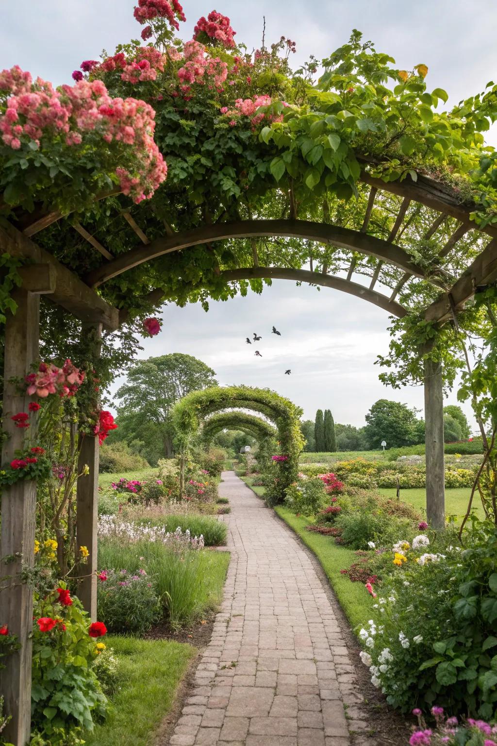 An arbor provides a stunning display of seasonal blooms.