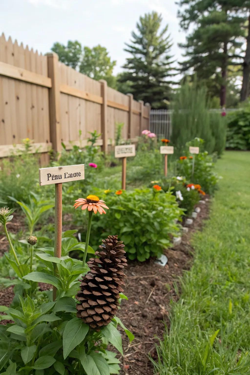 Pinecones transform into helpful and decorative plant markers.