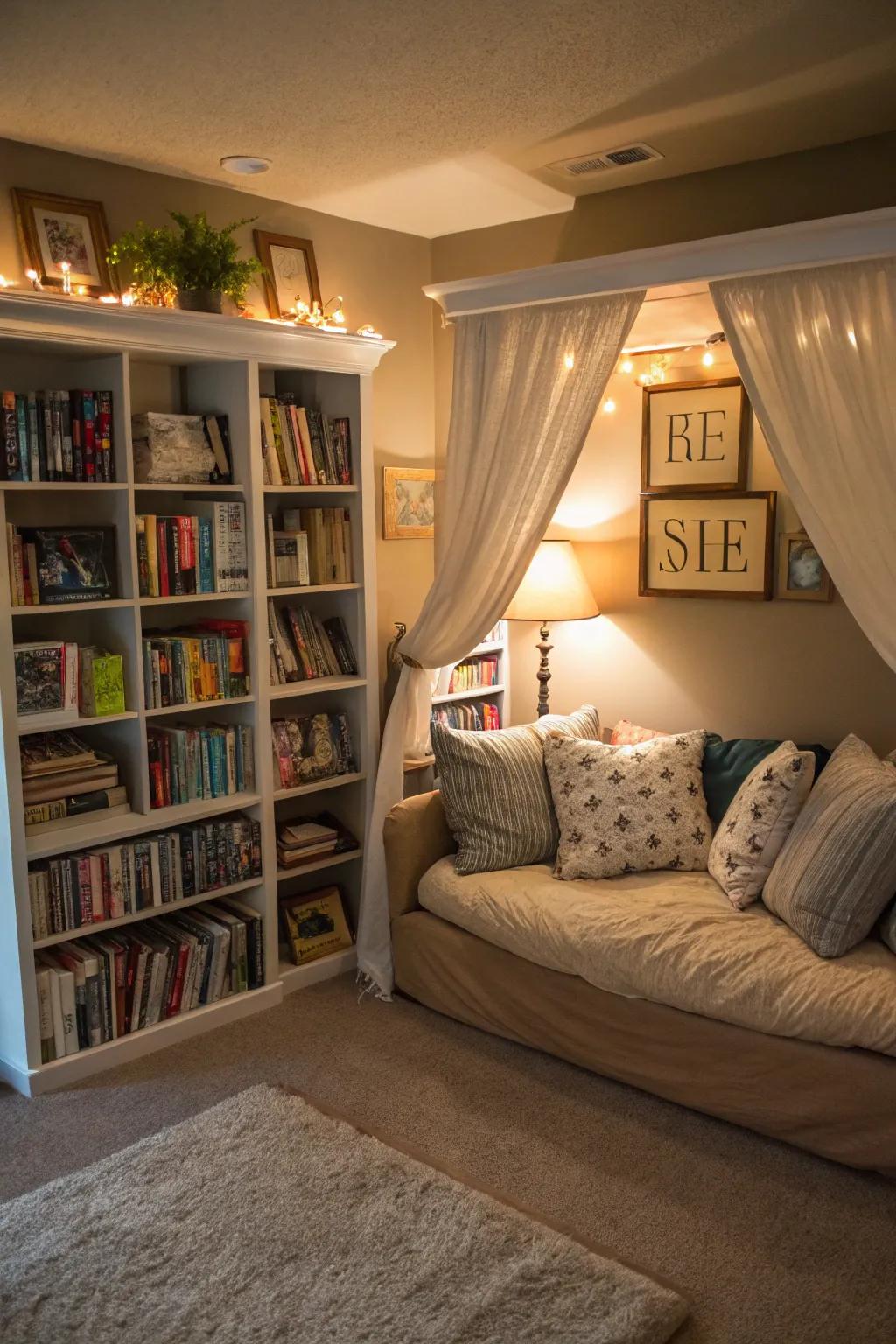 A serene playroom nook with a cozy reading sofa.