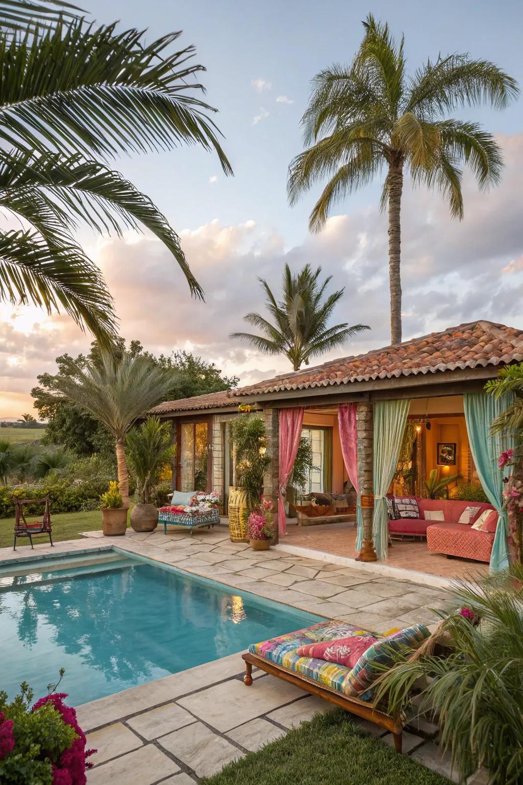 A pool house with a vibrant, tropical retreat theme.