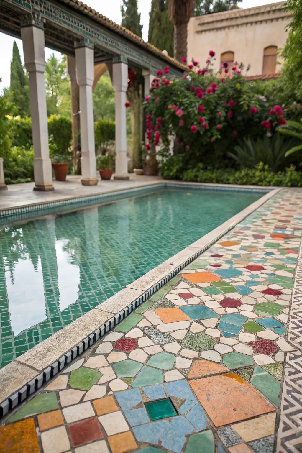 A pool showcasing a beautiful mosaic tile design.