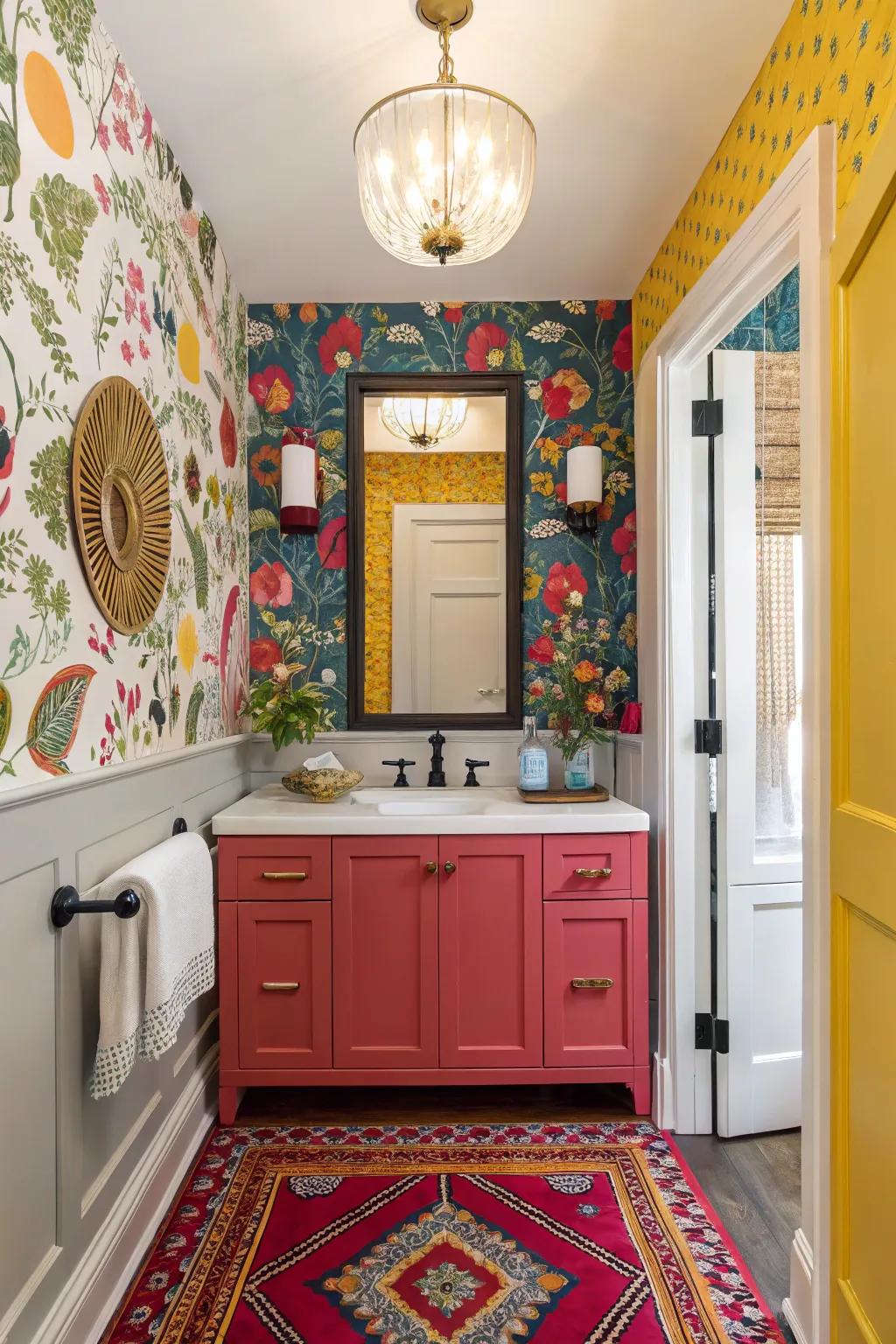 A powder room featuring bold accents that add vibrancy.