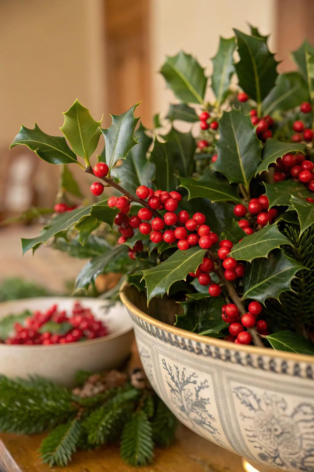 Classic holly arrangement for festive cheer.