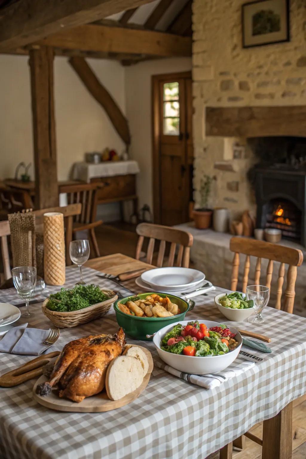 A dining table set in a rustic farmhouse style, offering hearty dishes and cozy decor.