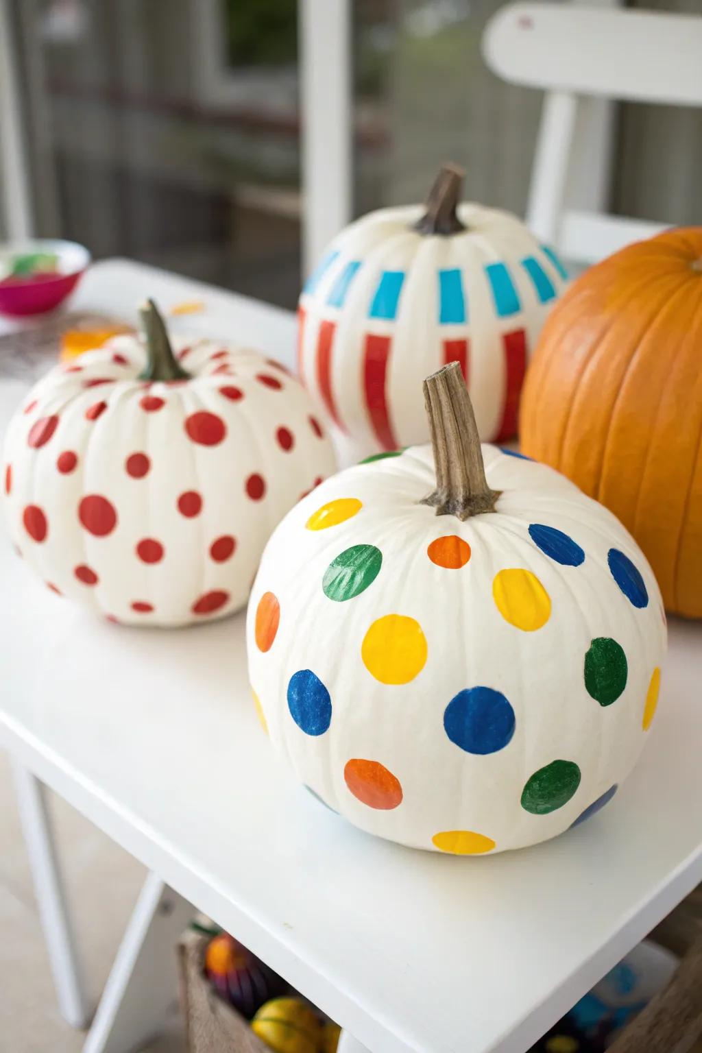 Polka dot pumpkins bringing a playful pattern to life.