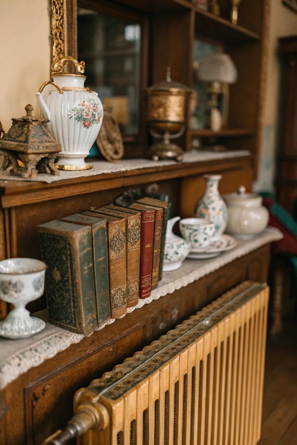 Add a touch of nostalgia with a vintage-themed radiator shelf.