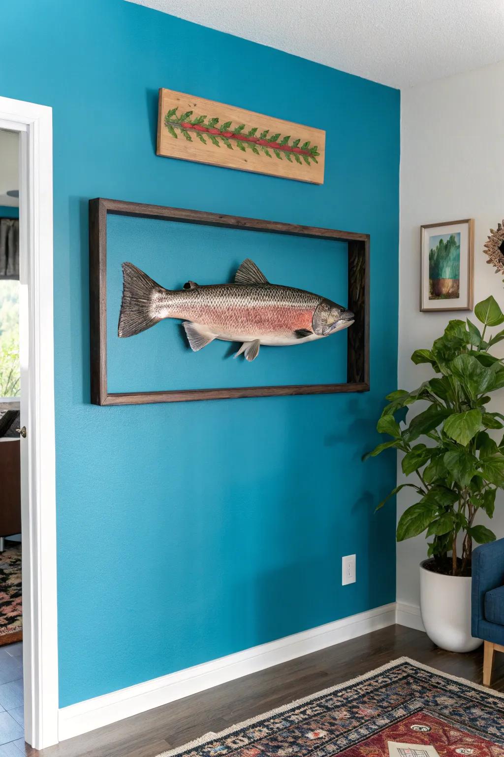 A colorful background enhances the vivid colors of the rainbow trout mount.