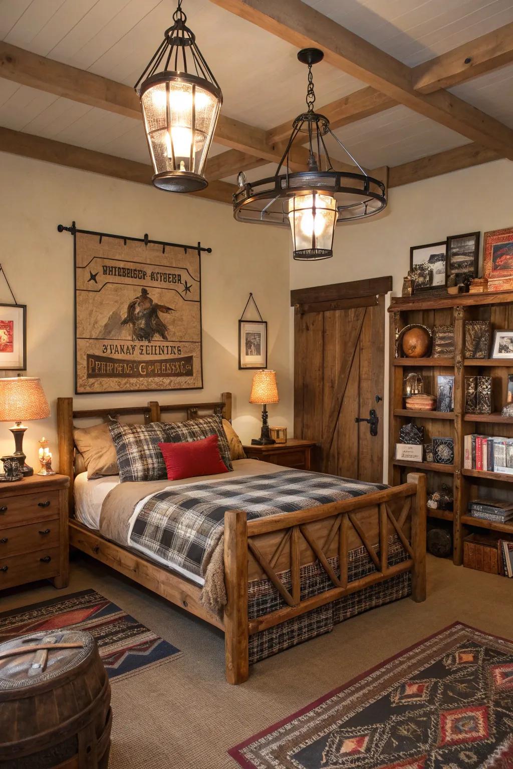 A bedroom featuring wrought iron lighting fixtures and rustic decor.