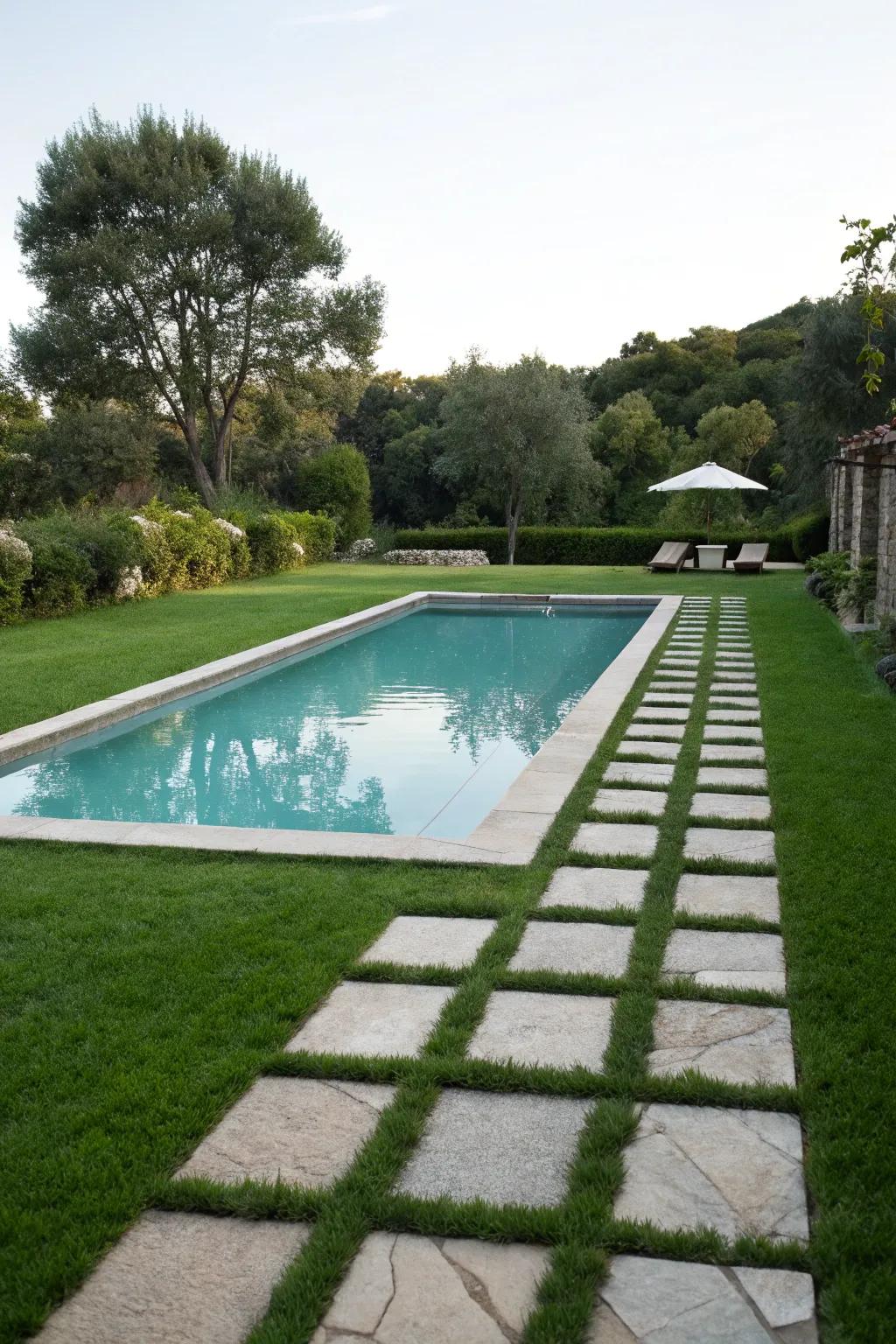 Stone pathways and a crisp lawn enhance the pool's elegance.