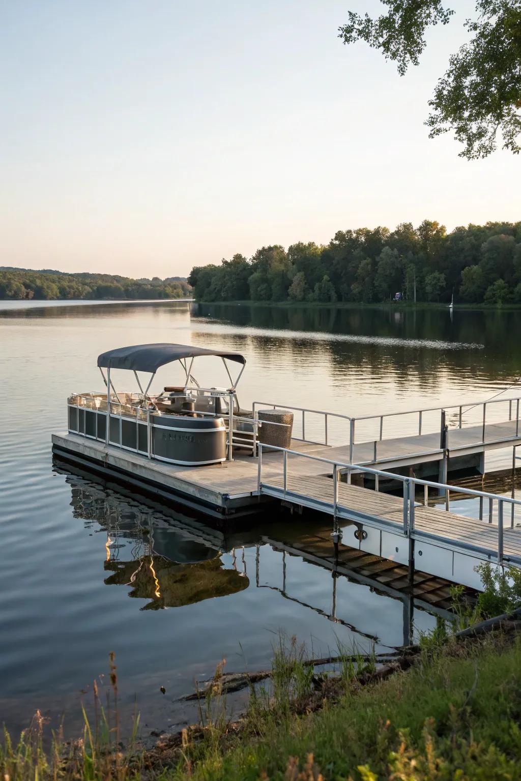 A floating dock that adjusts effortlessly with water levels.