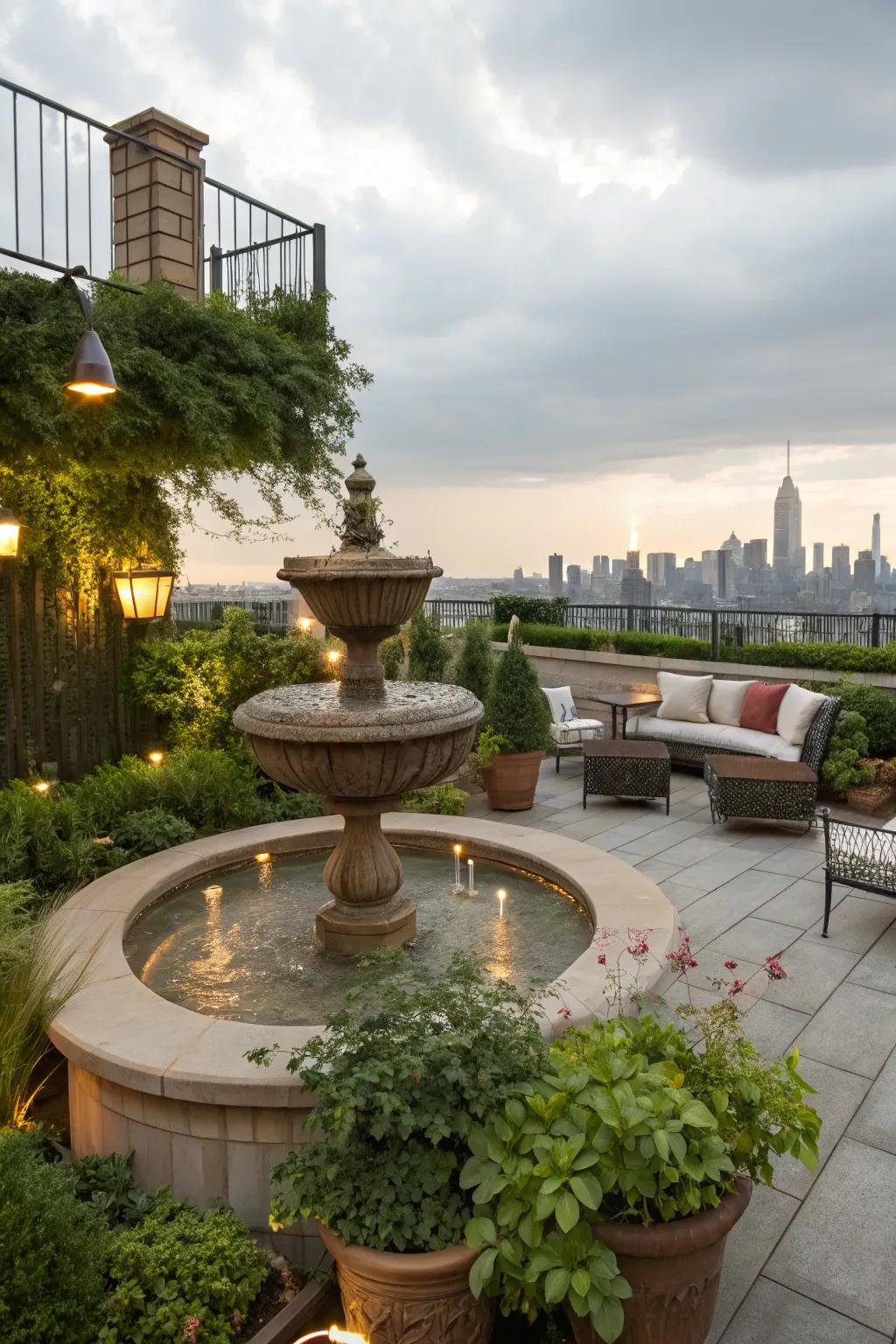 Add tranquility to your rooftop deck with a soothing water feature.