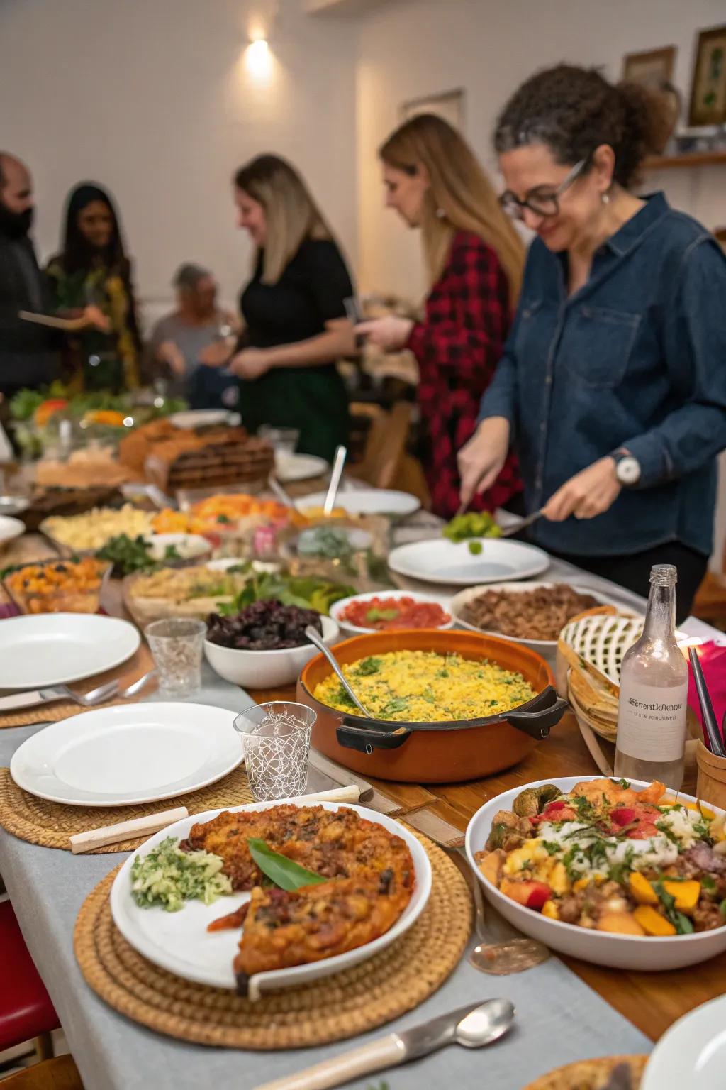 A potluck dinner featuring a delightful array of dishes.