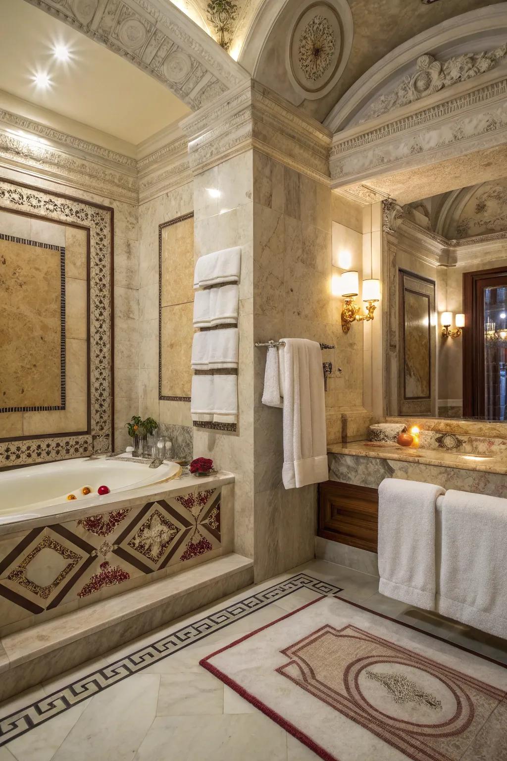 Luxurious fabrics add warmth and comfort to this Roman-inspired bathroom.