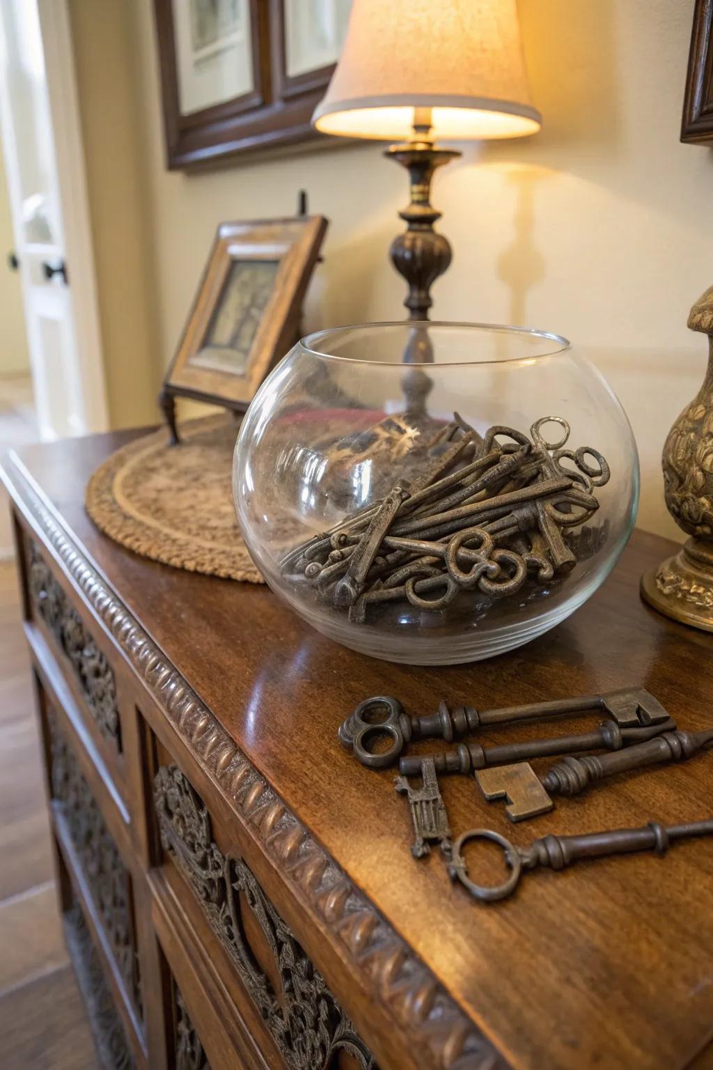 A collection of vintage keys in a glass bowl adds a nostalgic charm.