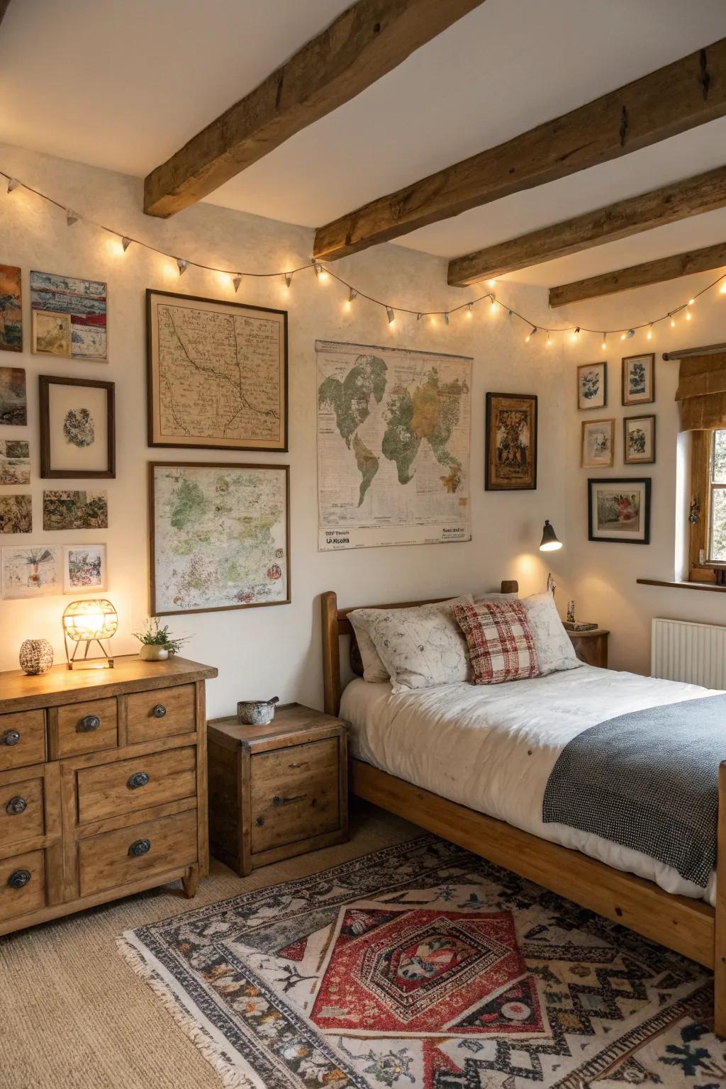 A gallery wall adds personal flair to this rustic bedroom.