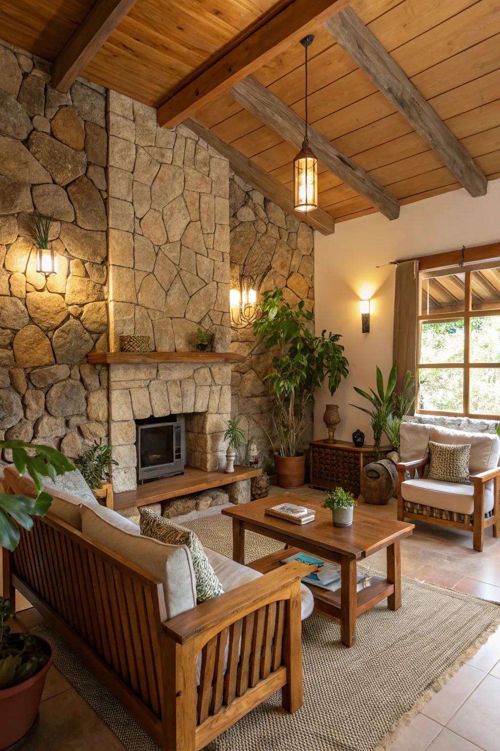 A living room showcasing a striking stone feature wall.