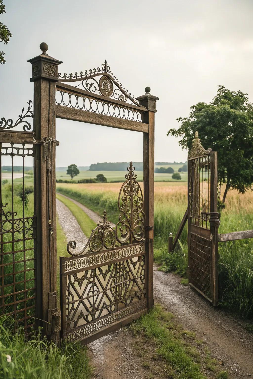 A farm gate with lovely latticework details.