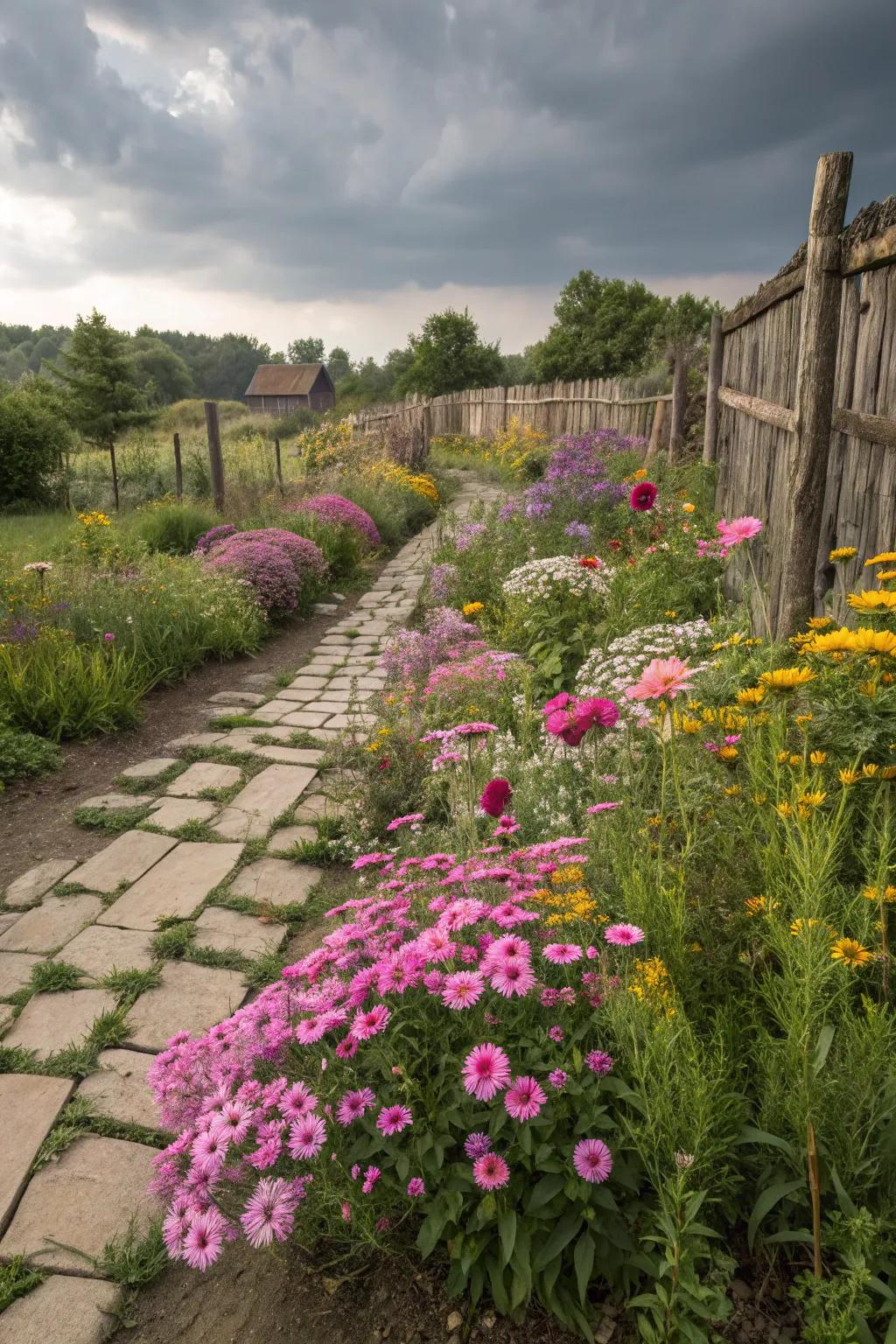 Wildflower beds adding color and life to the garden.