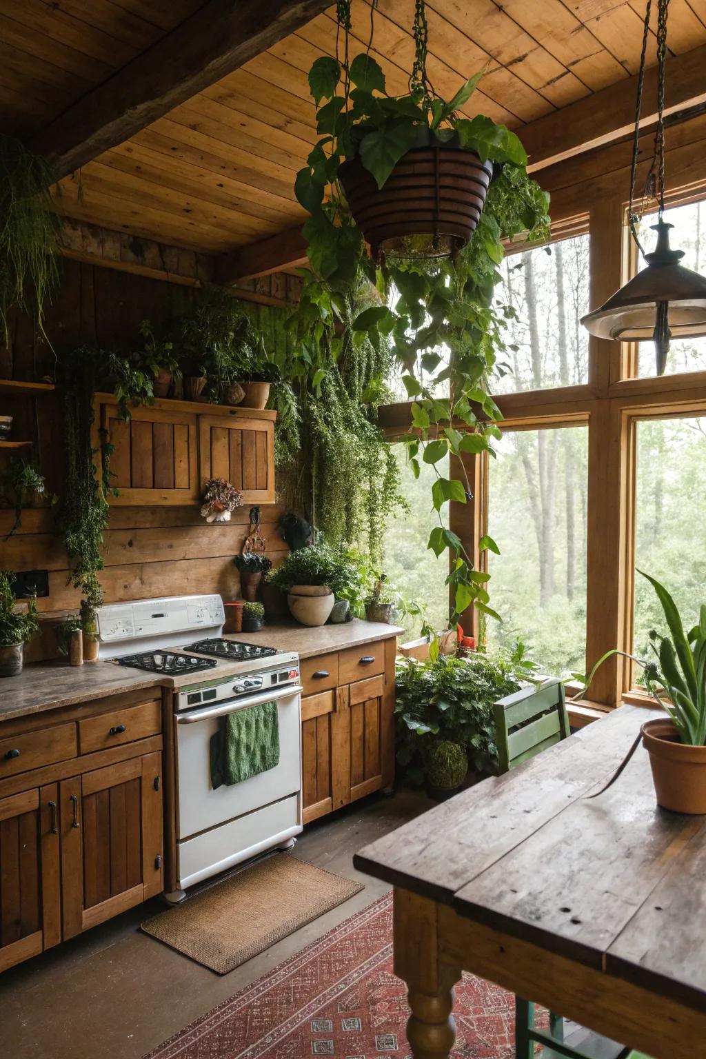 Greenery adds life and vibrancy to rustic kitchen spaces.