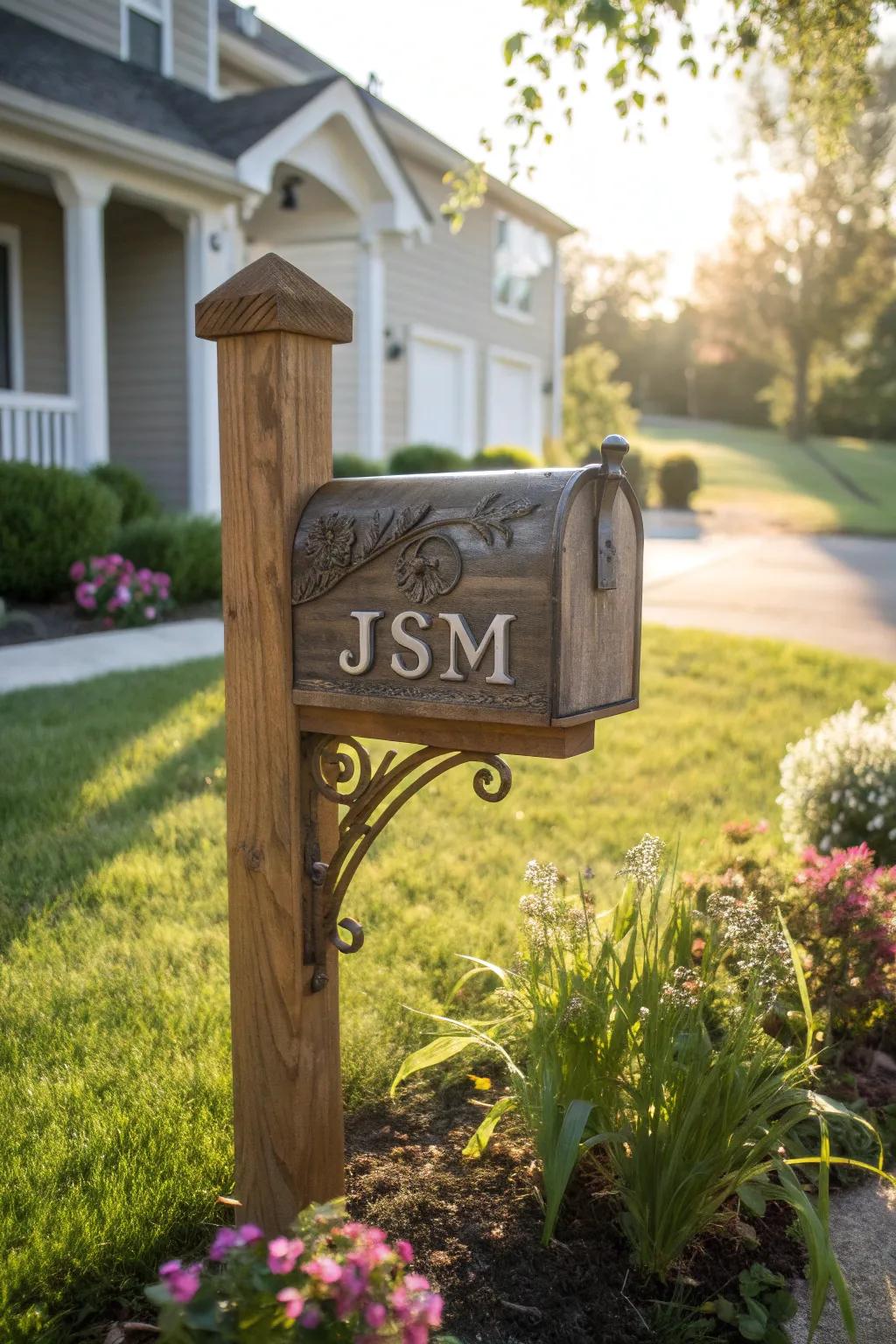 Personalized carvings make this rustic mailbox post uniquely yours.