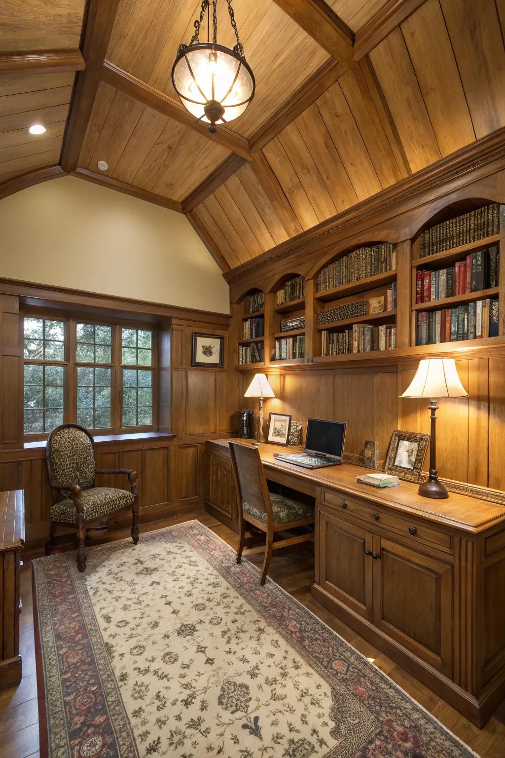 Ceiling wainscoting creates a cozy and intimate atmosphere.