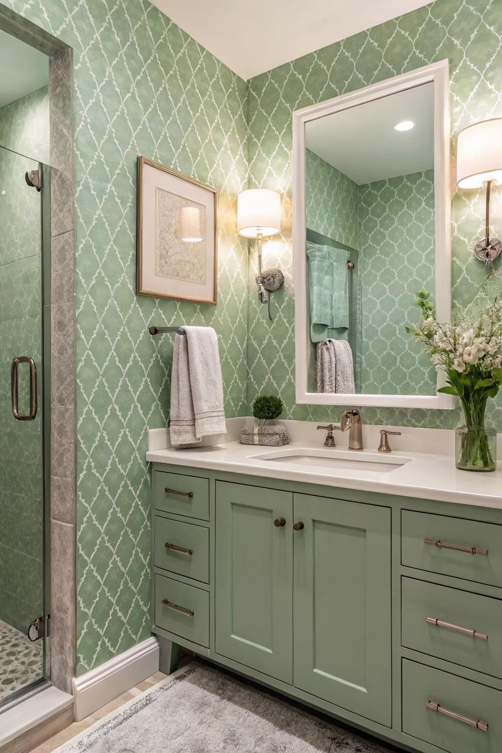 A bathroom featuring sage green wallpaper that adds charm and personality.