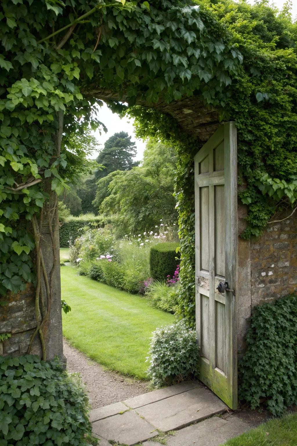 Nature's camouflage hides this garden door in plain sight.