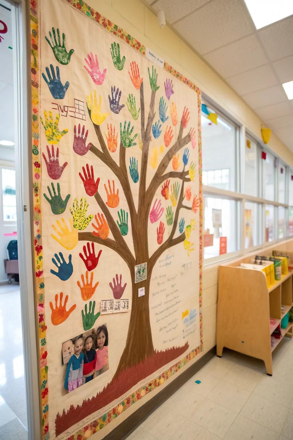 A kindness tree bulletin board made of handprints.