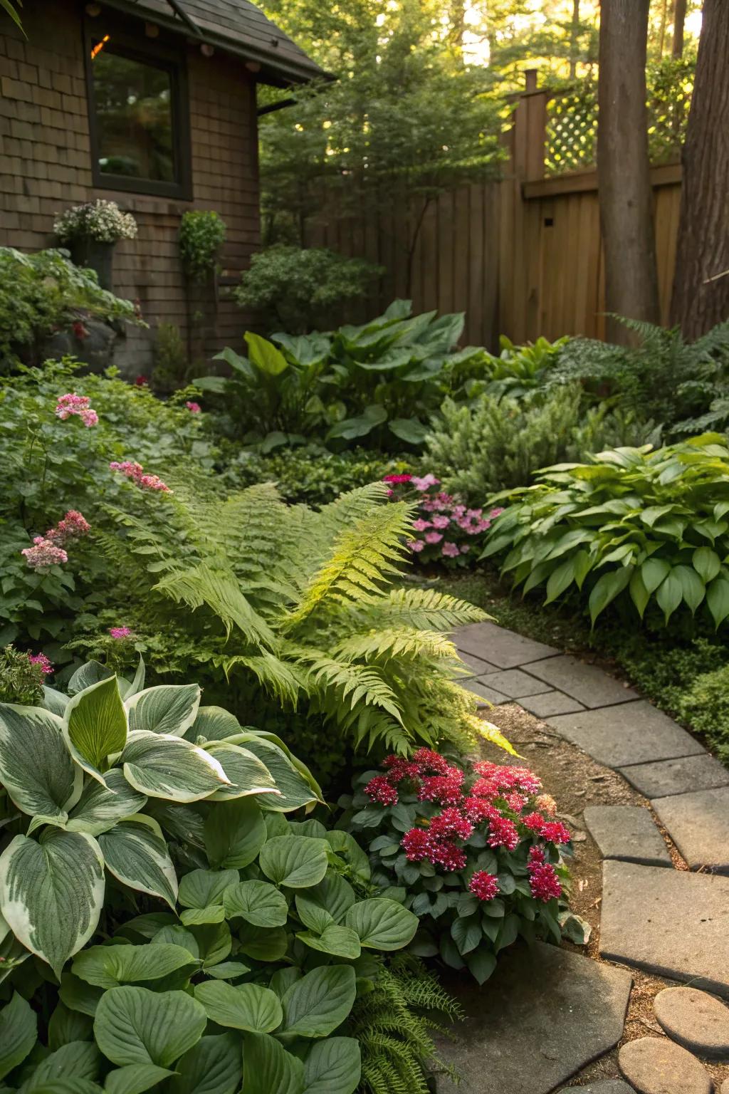 Contrasting textures adding drama to a shaded garden.