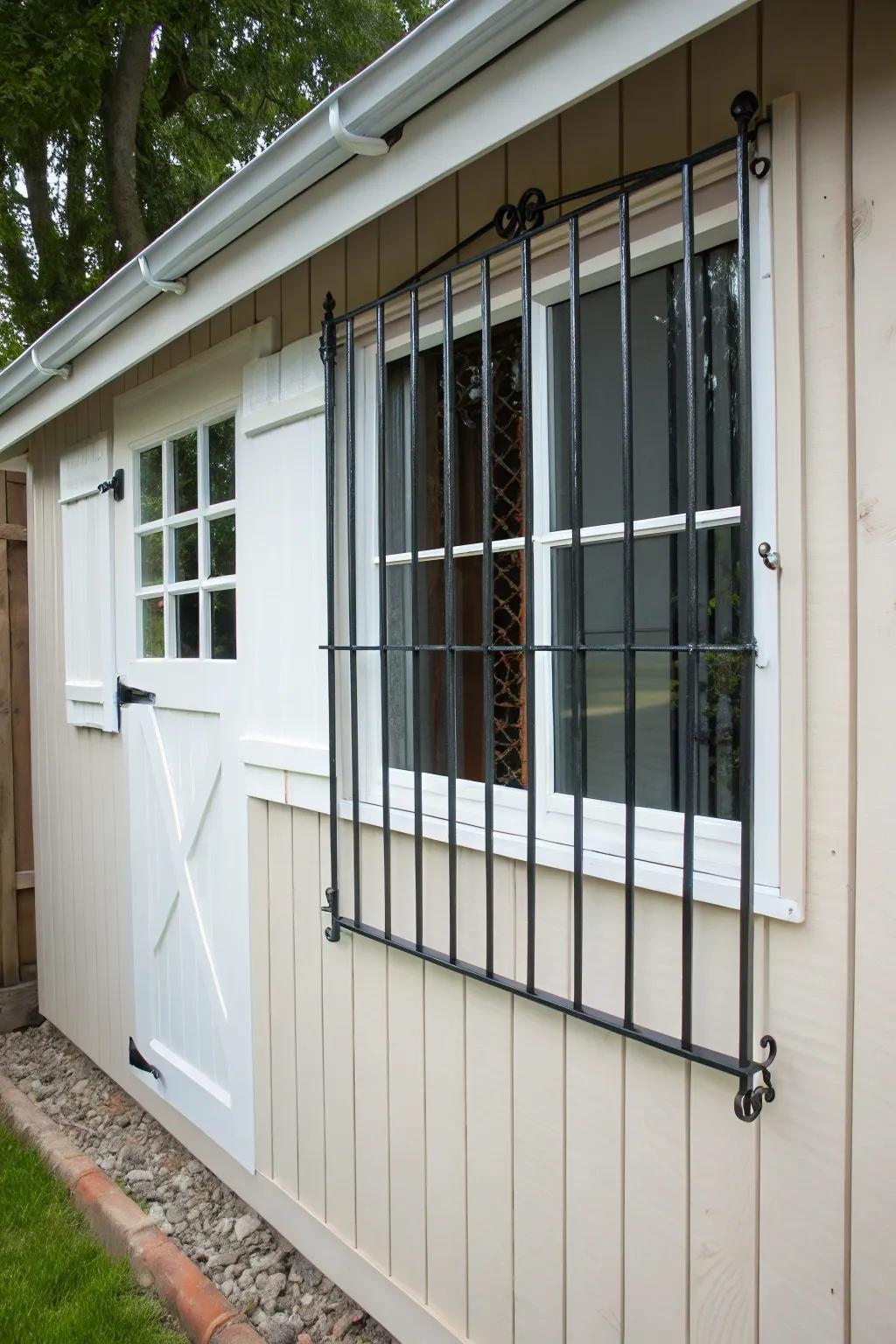 Security bars fortify a shed window, blending protection with aesthetics.