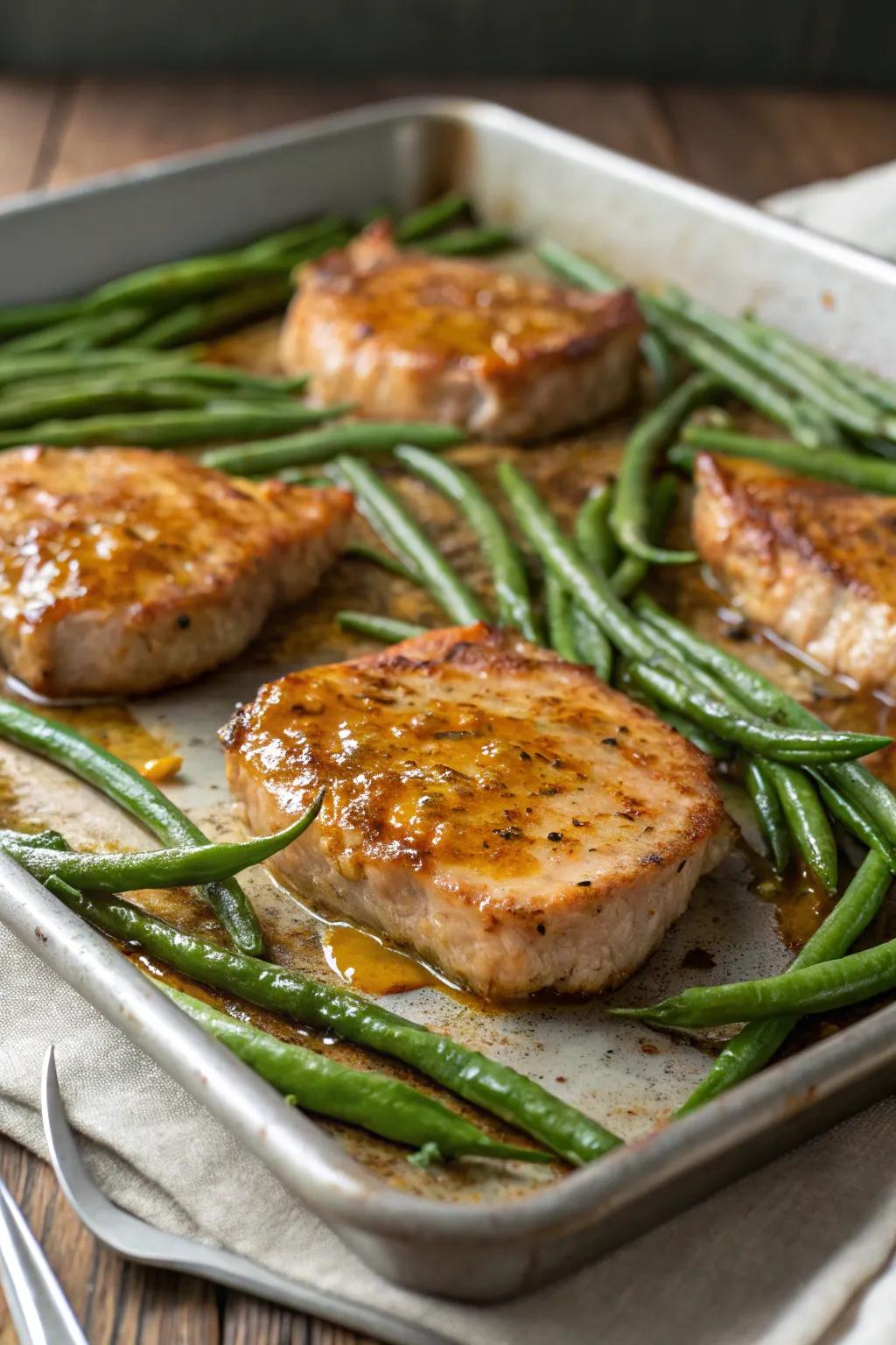 Honey mustard pork chops with green beans, a sweet and savory delight.