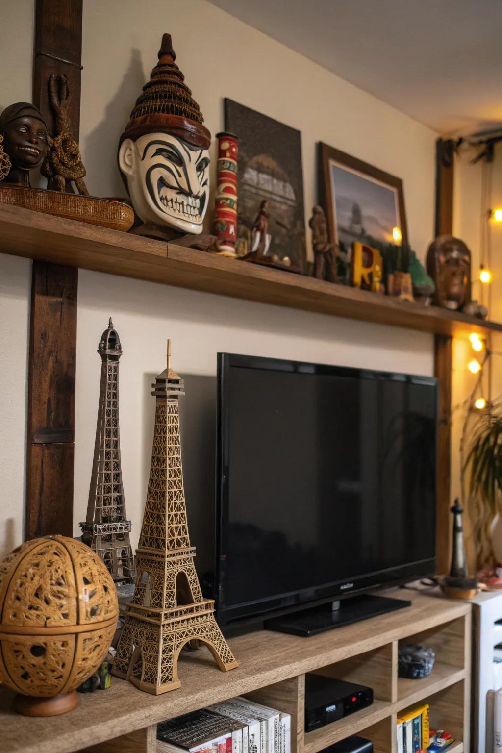 Global treasures add a personal touch above the TV.
