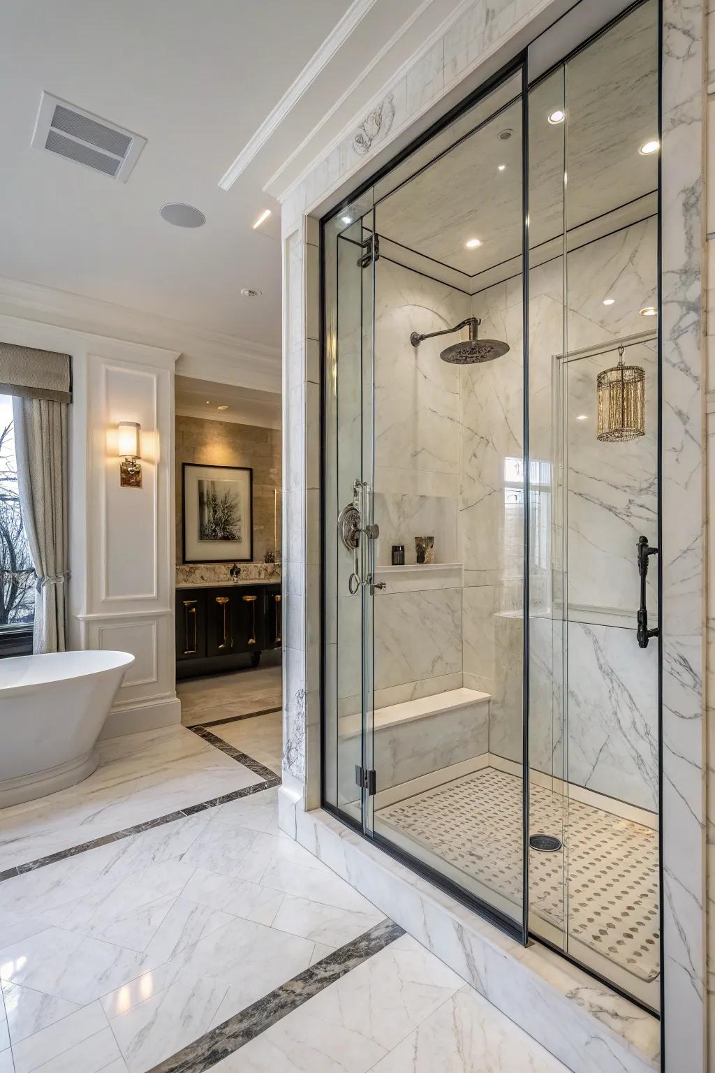 Marble accents add a touch of luxury to this elegant shower.