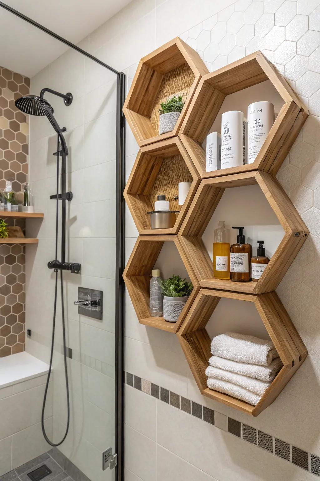 Hexagonal shelves introduce a contemporary geometric design.