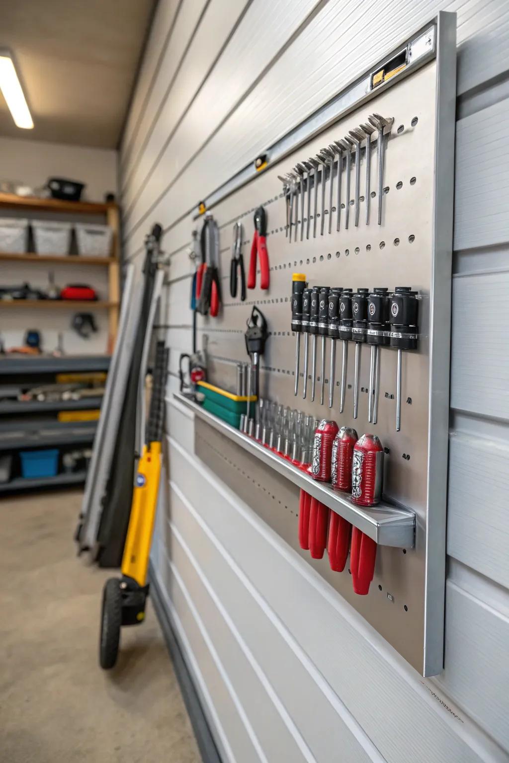 A magnetic tool bar on the slatwall keeps small tools within reach.