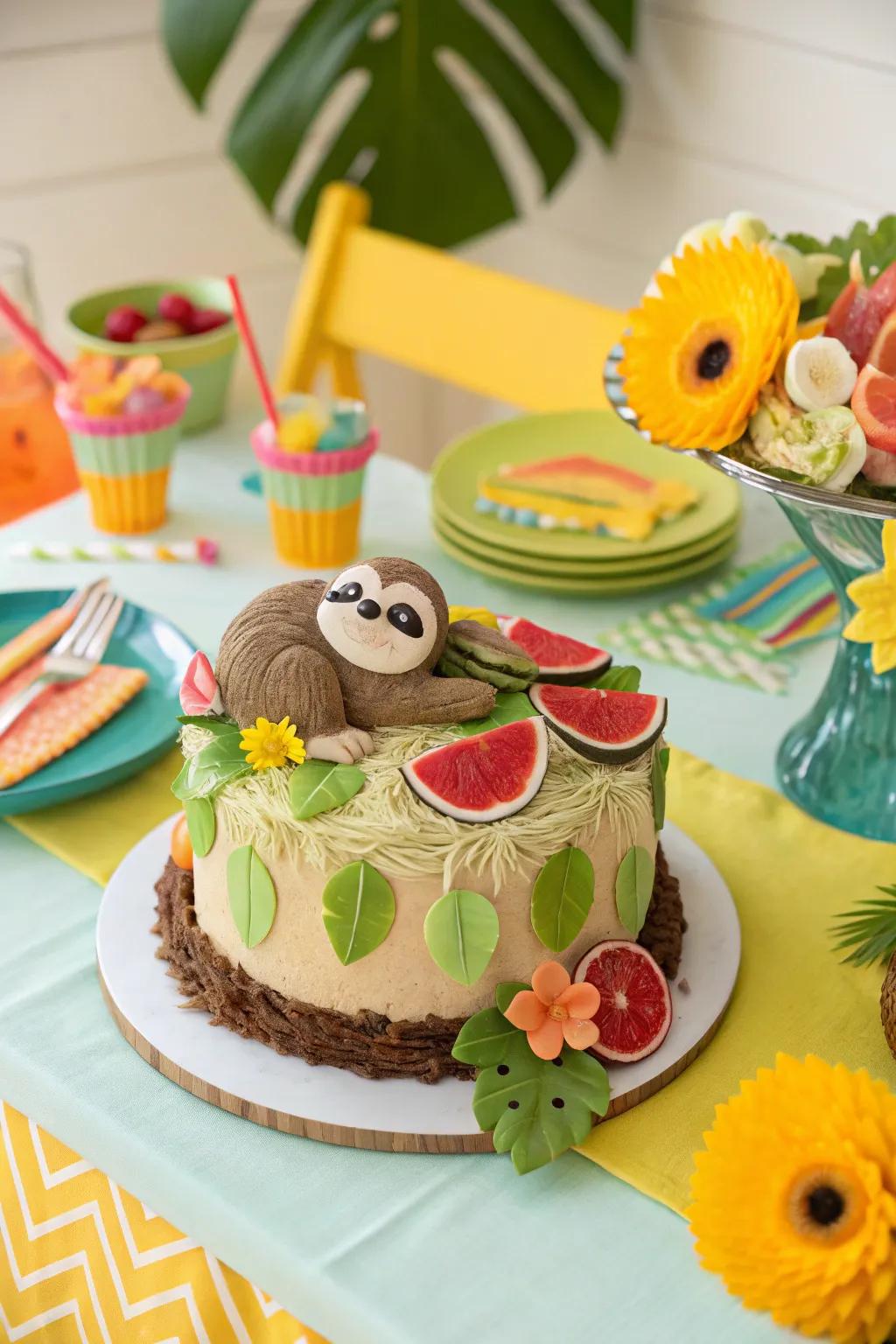 Tropical fruits bring vibrant flavors to the sloth cake.