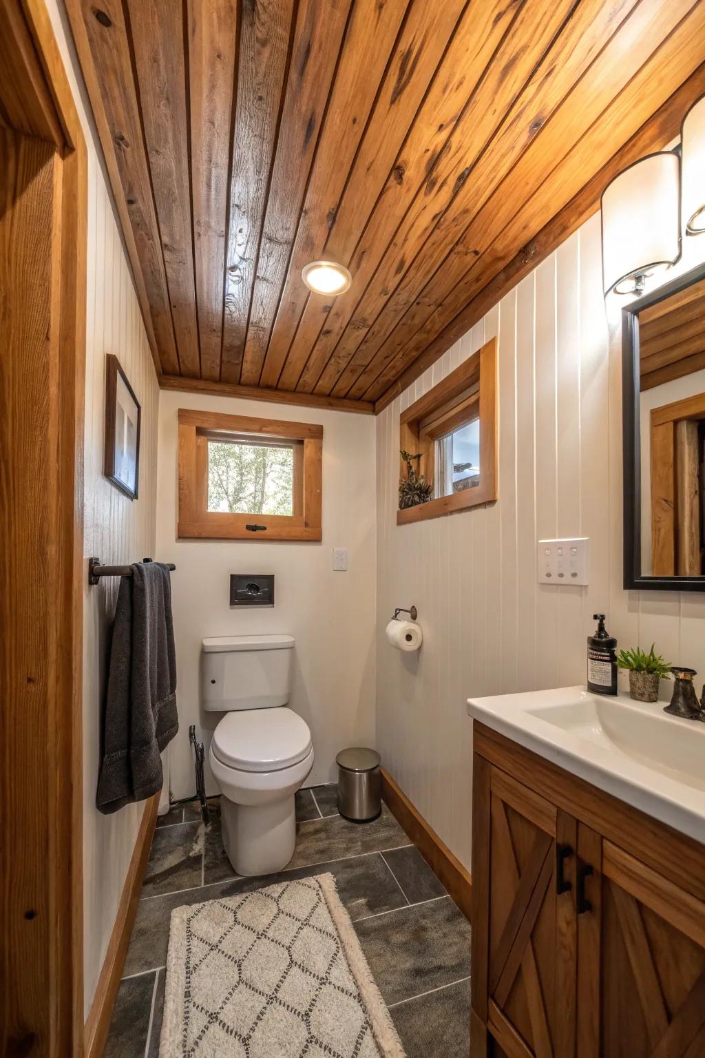 Contrasting wood tones add visual interest to the ceiling.