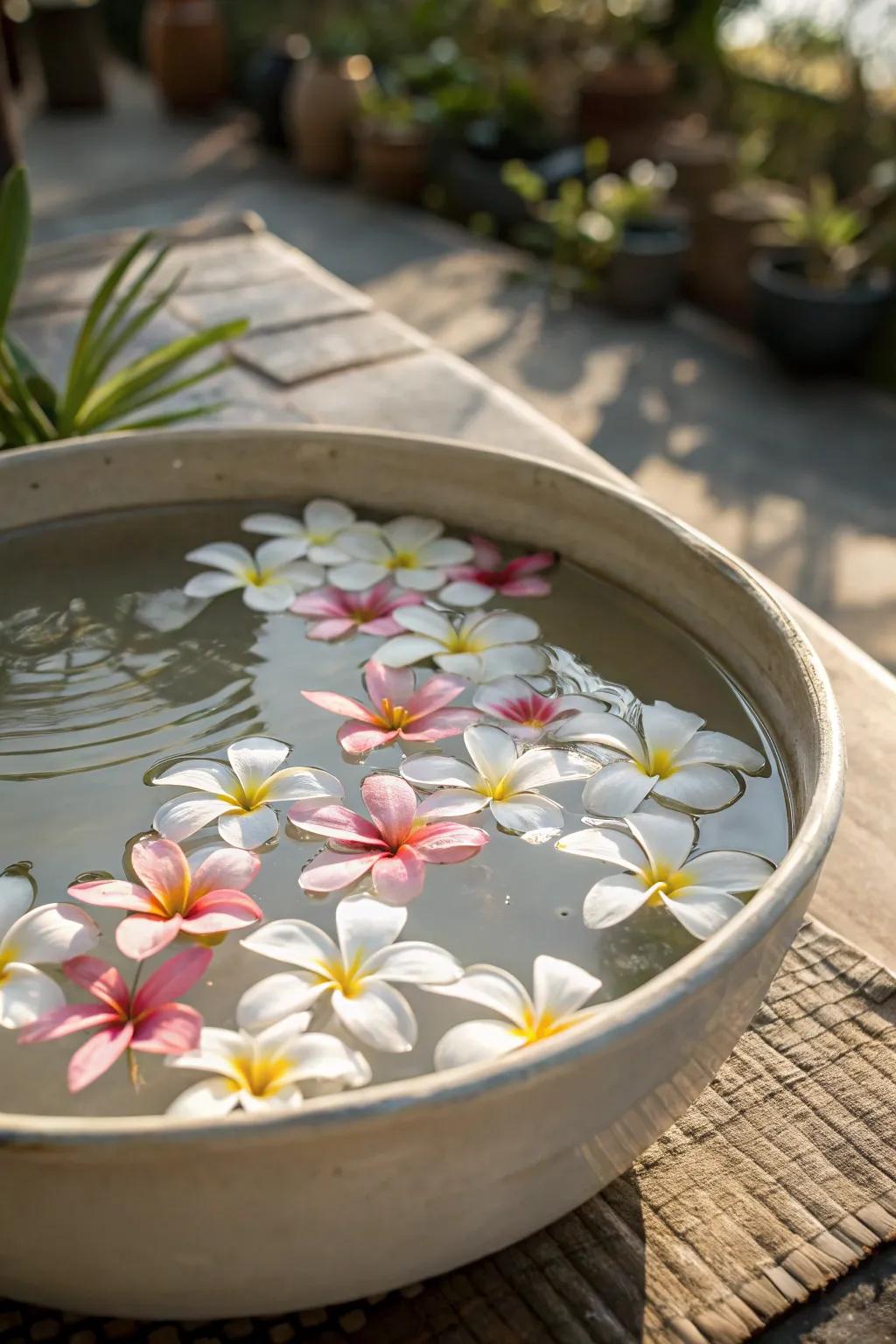 Floating flowers create a serene and elegant table centerpiece.