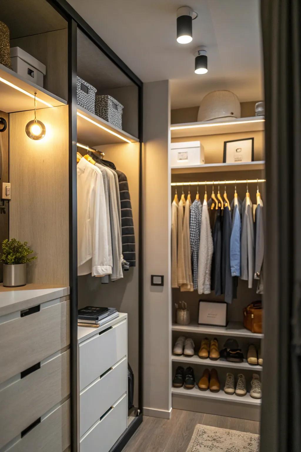 Smart lighting adds efficiency to a compact closet.