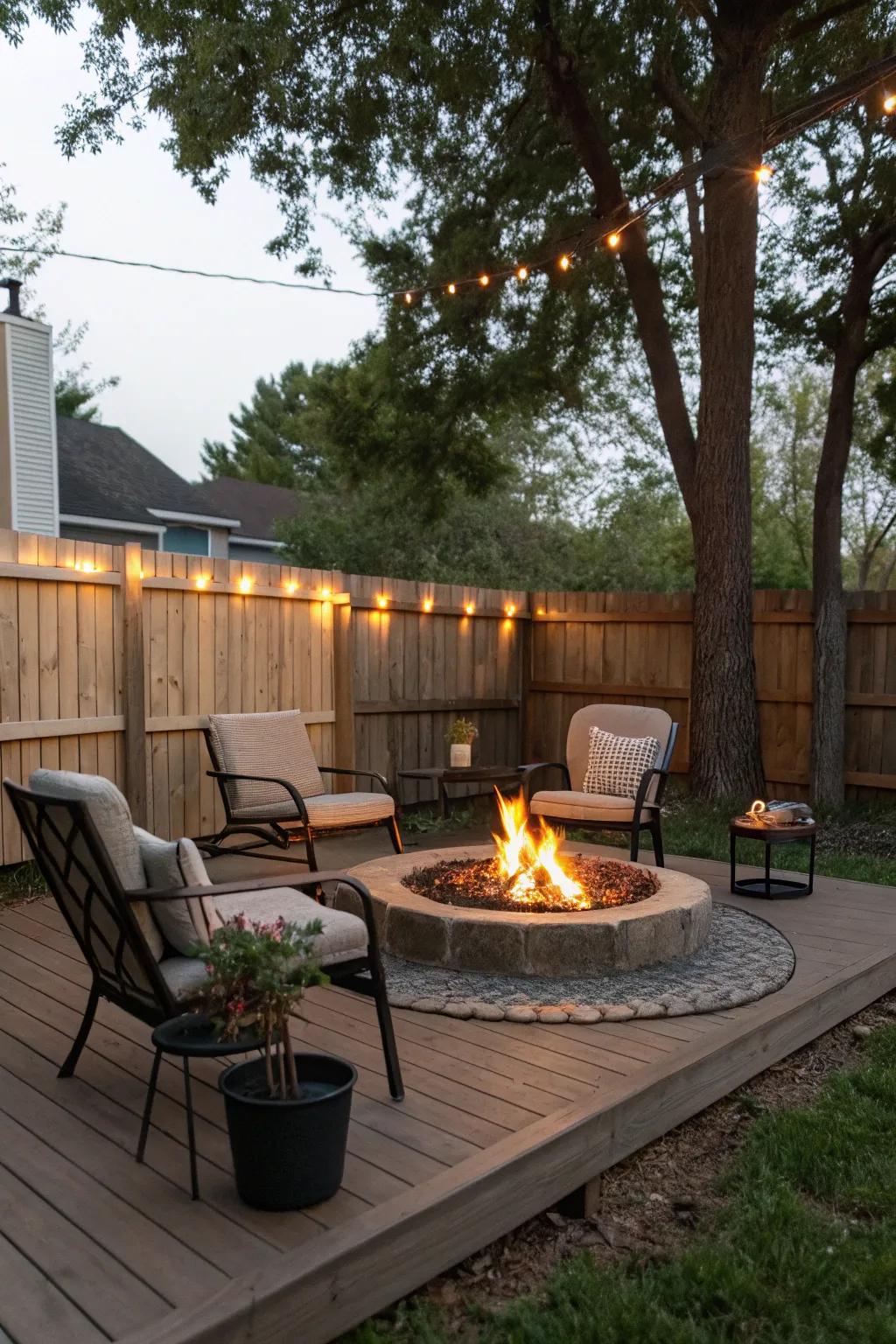 A miniature fire pit adding warmth to a small deck.