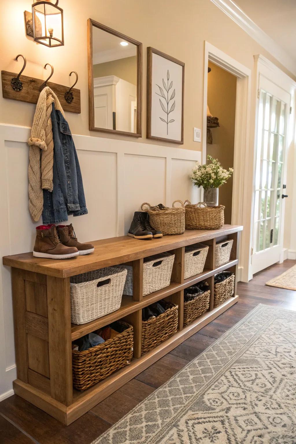 Decorative baskets offer casual and organized shoe storage.