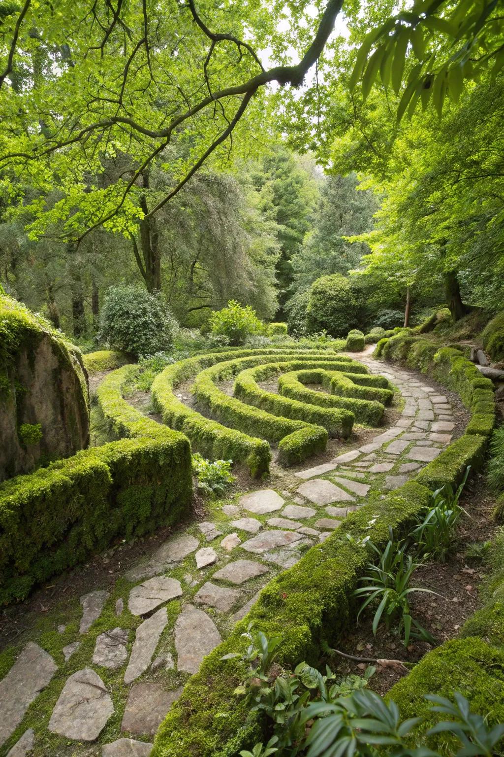 Mossy pathways providing a soft, enchanting garden maze experience.