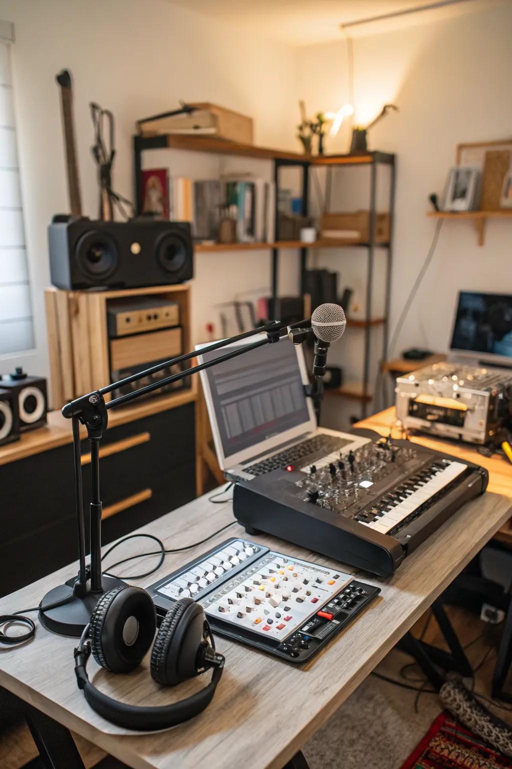 Portable recording gear keeps the studio adaptable and clutter-free.