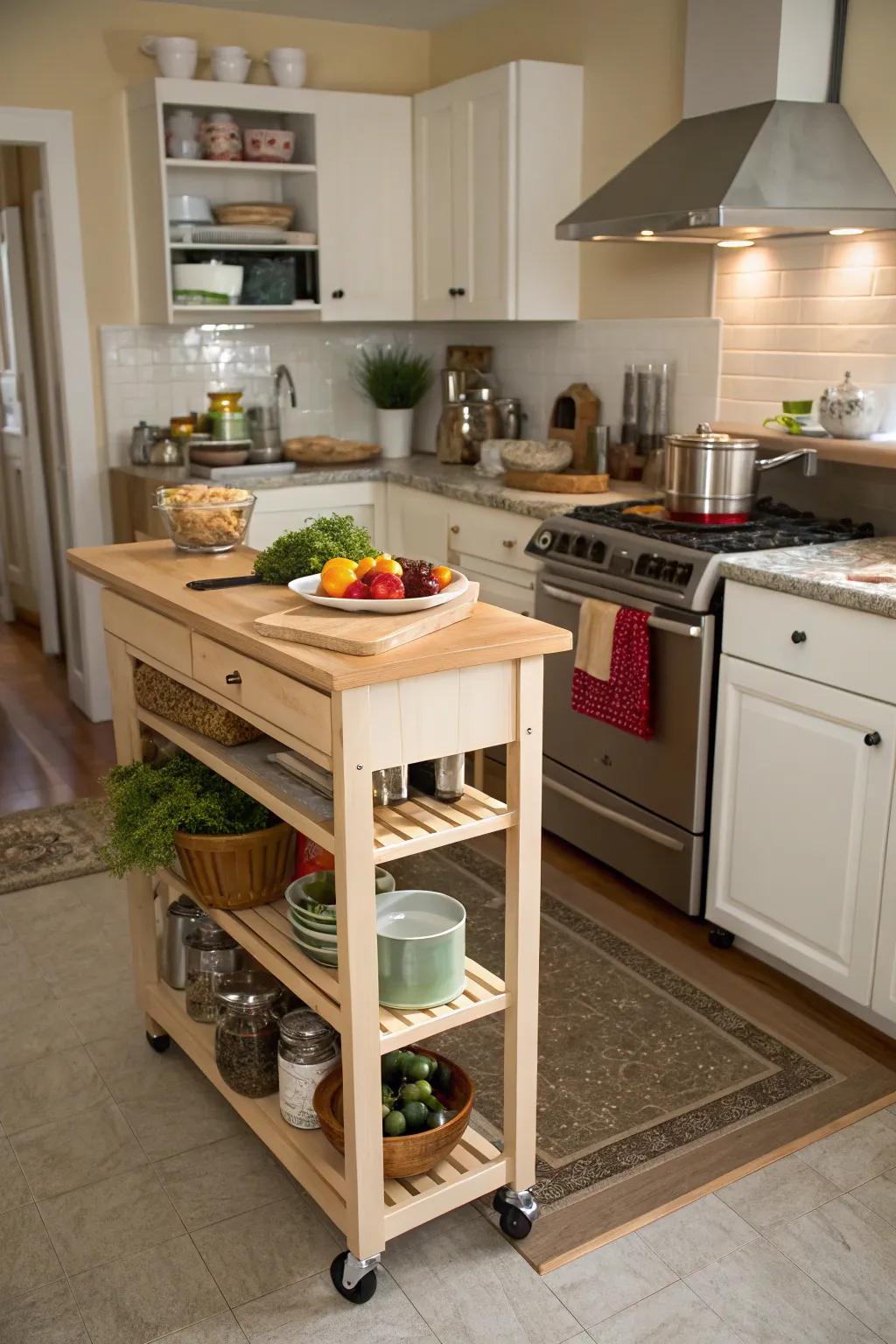 A rolling island offering flexibility and adaptability in the kitchen.